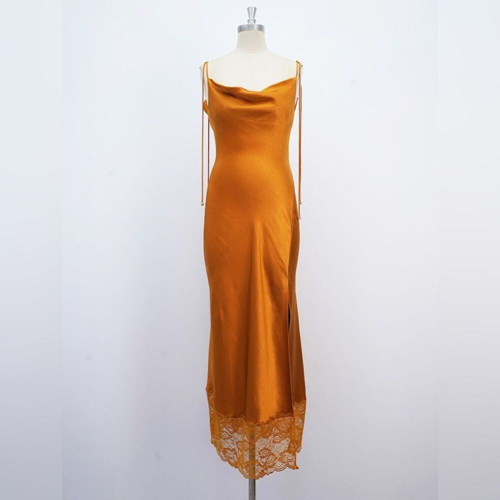 NWOT SELF-PORTRAIT  Burnt Orange Satin-Lace Midi Dress UK8/US4 - Picture 12 of 16